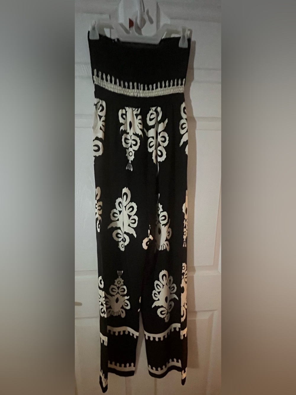 Strapless Black and Cream Patterned Wide-Leg Jumpsuit